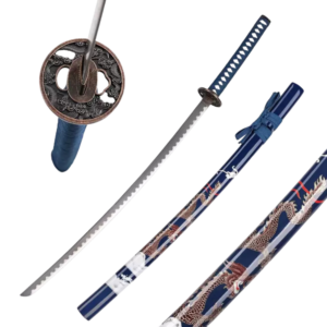 KATANA DÉCORATIF – LAME EN ACIER – MOTIF DRAGON - BLEU