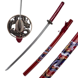 KATANA DÉCORATIF – LAME EN ACIER – MOTIF DRAGON - ROUGE