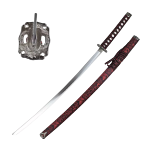 KATANA DÉCORATIF – LAME EN ACIER – SOIE NOIRE & MOTIFS ROUGES